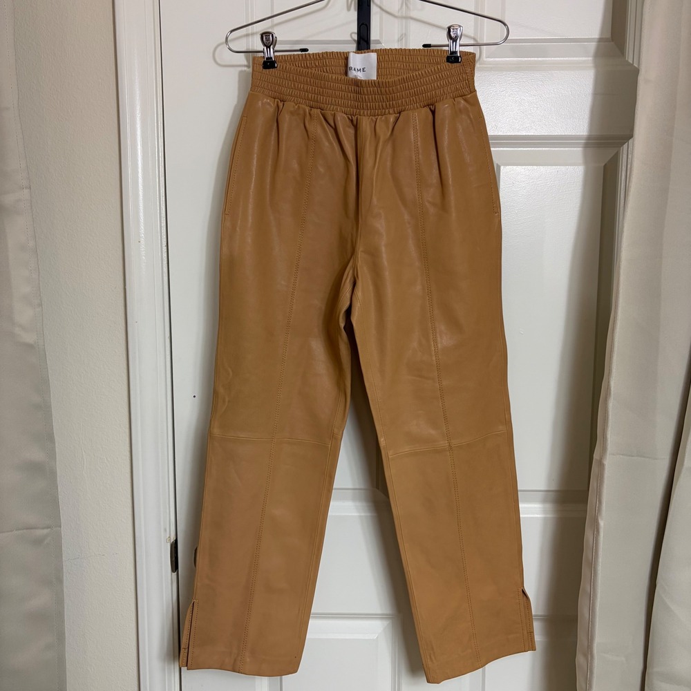 FRAME Butterscotch Lamb Leather Joggers Tan Smocked Elastic Waist Pants XS